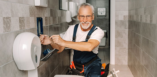 Ein Handwerker installiert sanit&auml;re Anlagen in einem Badezimmer.